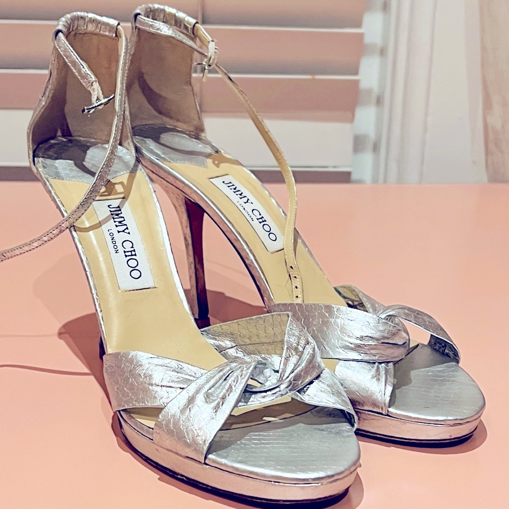 Gorgeous Silver Jimmy Choo open toe heels. Worn only a couple times. Size 42!